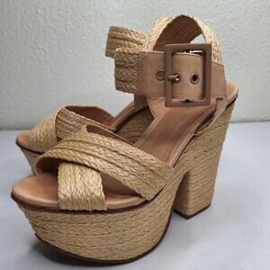 Schutz Raffia Platform Sandals Block Heels EU 38 US 7 Boho Straw Chunky Hippie